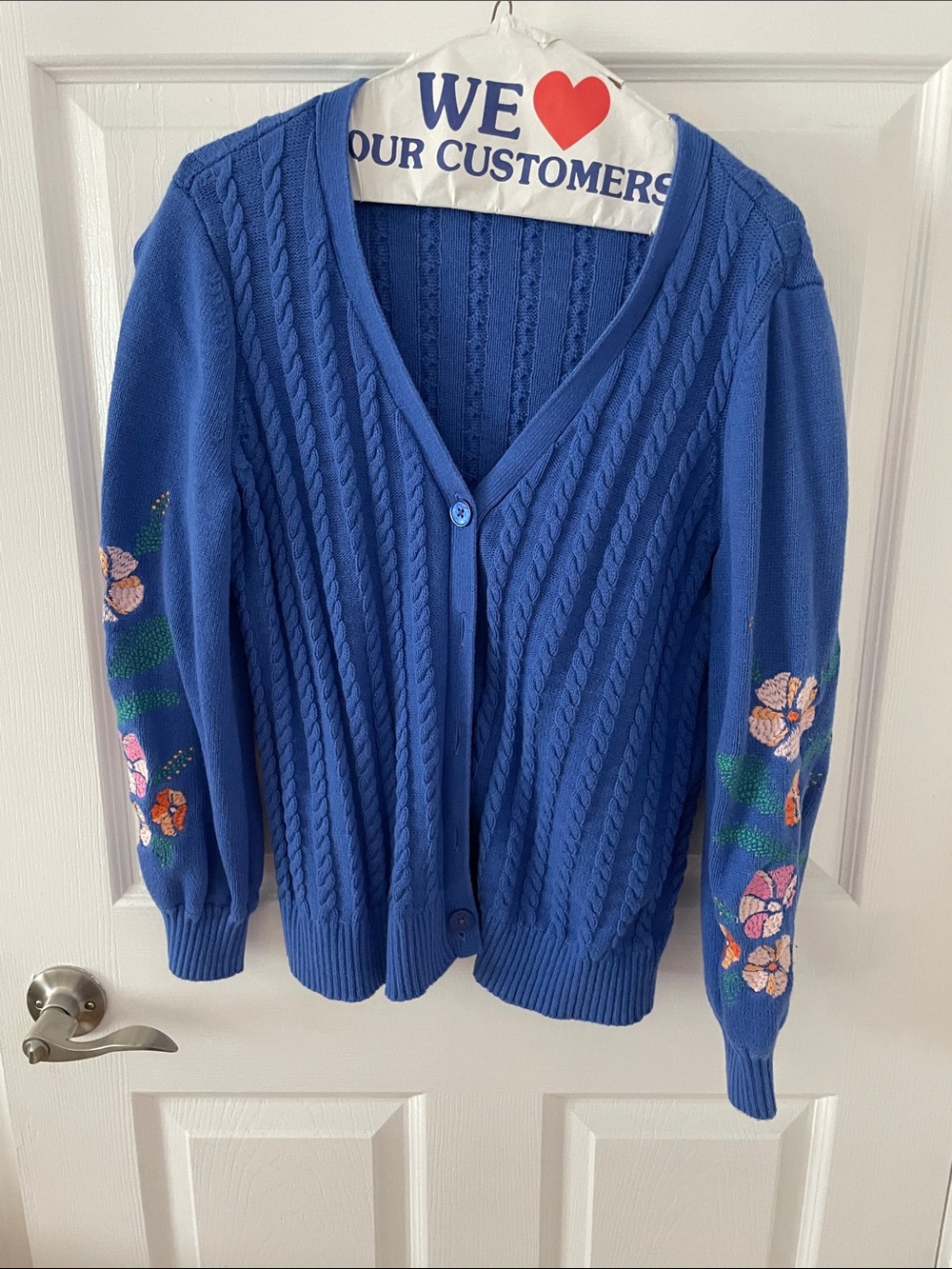 Talbots Royal Blue Cable-Knit Cardigan with Floral Sleeve Embroidery